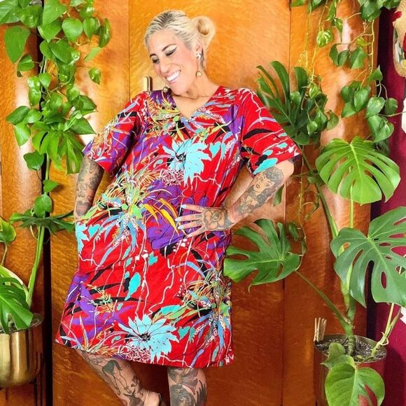 SEARS ROEBUCK 60’s 60s Vintage 70s DEADSTOCK Polished Cotton Hawaiian Dress L XL - Picture 3 of 9